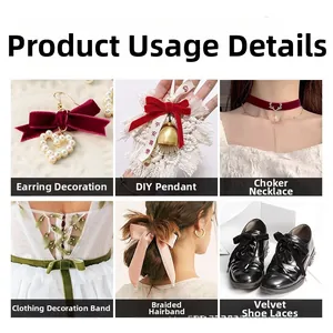 Various DIY uses for 1cm velvet ribbon including jewelry, hair bows and clothing decor