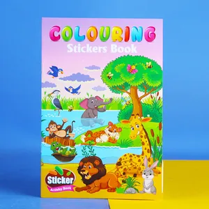 Close-up of jungle animal activity book with coloring pages and sticker sheets