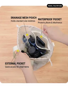 Detail of small mesh beach bag with PVC waterproof pocket and drawstring closure