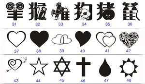 Detailed index showing 18 custom engraving patterns including zodiac signs and heart shapes