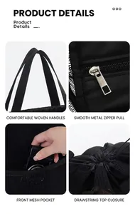 Detail showing comfortable webbing handle, smooth metal zipper and mesh front pocket