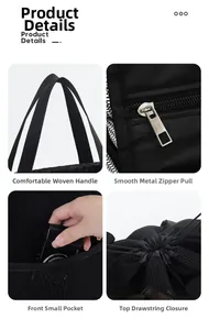 Detail showing comfortable webbing handle, smooth metal zipper and mesh front pocket