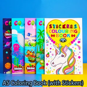 Kids A5 Coloring Book With Stickers Cartoon Unicorn Dinosaur Space Ocean Animal Themes Educational DIY Painting Toy Gift