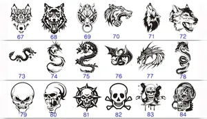 Selection chart of 18 gothic wolf, dragon, and skull tattoo styles with blue numeric codes