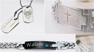 Detailed view of titanium steel necklaces and bracelets with bible verses and wolf engraving