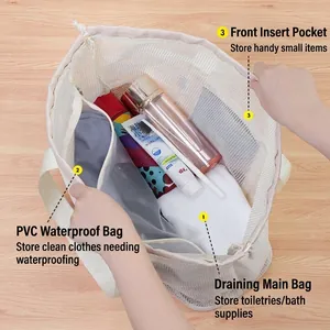 Mesh beach bag with waterproof PVC compartment and multiple pockets for dry-wet separation