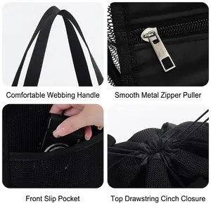 Mesh beach bag with drawstring closure and multiple utility pockets for organization