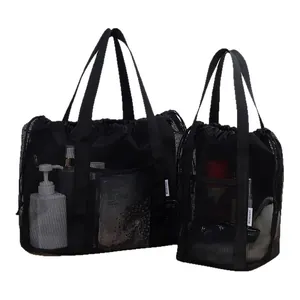 Set of two black mesh beach bags with drawstring closure and durable carry handles