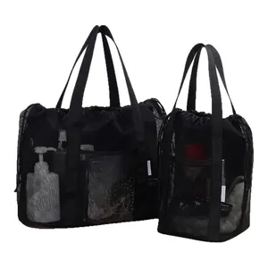 Set of two black mesh beach bags with drawstring closure and durable carry handles