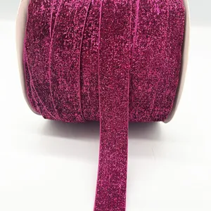 Detail of 1cm rose pink glitter velvet ribbon roll for DIY gift packaging and decoration