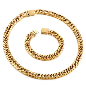 Zware goudkleurige Cubaanse schakelketting en armband set voor heren hiphop fashion