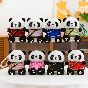Gruppe von süßen Pandabären in farbenfrohen traditionellen chinesischen Hanfu-Gewändern