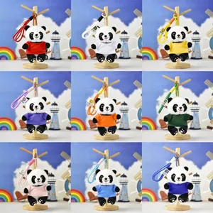 Detailed view of nine cute panda plush keychains wearing different colorful t-shirts