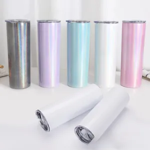 Close-up of 20oz holographic slim tumblers with shimmering finish and clear lids