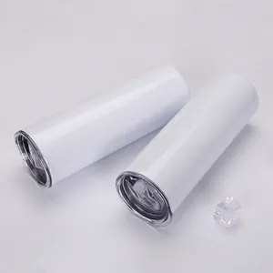 Close-up of two 20oz white sublimation skinny tumblers with lids on light background