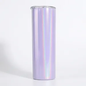 Detail view of 20oz purple iridescent laser finish tumblers with clear plastic sealing lids