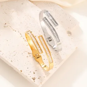 Luxus Edelstahl Zirkonia Reihe Armreif Für Damen Gold Silber Plattiert Geometrisch Scharnier Bypass Armreif Elegant Hochzeit Party Schmuck