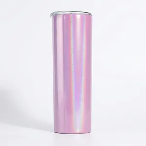 Close-up of a 20oz purple holographic sublimation tumbler with transparent seal lid