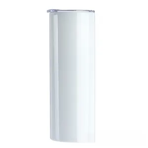 Close-up of a white 20oz sublimation tumbler with a clear lid on a white background