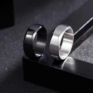 Men's 8mm minimalist geometric faceted titanium steel rings in black and silver polish