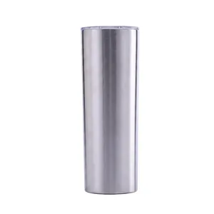 Close-up of a 20oz slim stainless steel tumbler with a clear lid and metallic finish