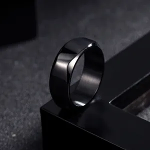 Minimalist 8mm wide black titanium steel ring with mirror polished finish for men and women