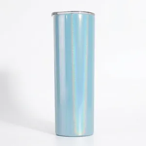 Detail of 20oz slim tumbler featuring a holographic light blue finish and clear lid