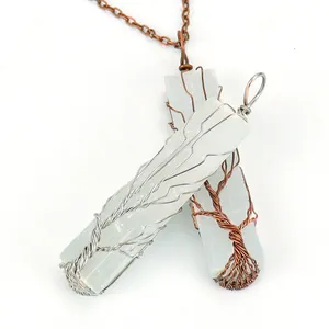 Pendentifs Arbre de Vie en sélénite faits main avec fil de fer argenté et cuivré