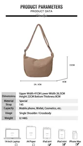 Detailed size specifications for khaki corduroy crescent bag with adjustable shoulder strap
