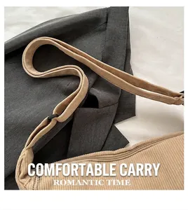 Close-up of corduroy shoulder bag showing smooth metal zipper and soft ribbed texture