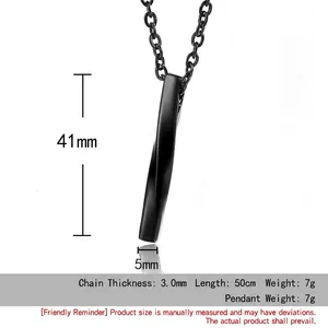 Collier pour hommes avec pendentif barre torsadée noire en acier inoxydable et dimensions