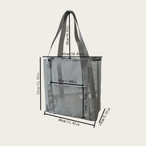 Large gray mesh beach tote bag with dimensions 43x32x14cm for travel and sauna use