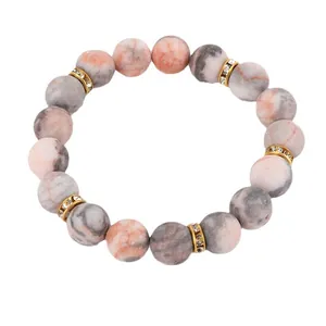 8mm pink zebra marble stone beaded bracelet with gold diamond-encrusted spacers for women