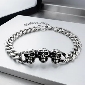 Men's punk skull Cuban bracelet in vintage silver finish with adjustable lobster clasp