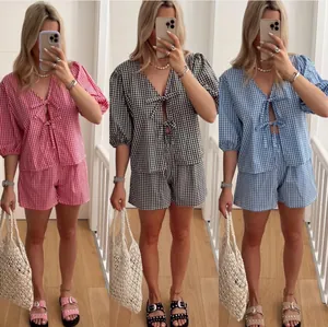 Women Gingham Plaid Two Piece Set V Neck Bow Tie Top And Shorts Casual Summer Outfits Puff Sleeve Checkered Pajama Lounge Set