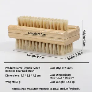 Detailed view of dual-sided bamboo nail brush with natural bristles and wavy handle grip