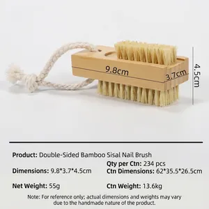 Detailed view of bamboo nail brush with sisal bristles and white cotton hanging rope