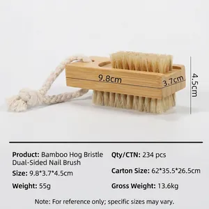 Bamboo double-sided nail brush with natural bristles, hanging rope, and 9.8cm size detail