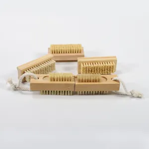 Detailed set of 5 wooden nail brushes with sisal bristles and cotton hanging ropes