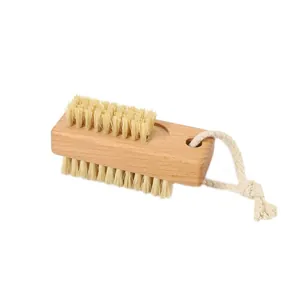 Double-sided wooden nail brush with natural bristles and hanging rope for hand cleaning