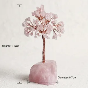 Detail showing rose quartz crystal tree height of 11-12cm on a raw crystal base