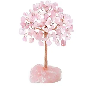 Elegant rose quartz money tree with copper wire branches and natural stone base