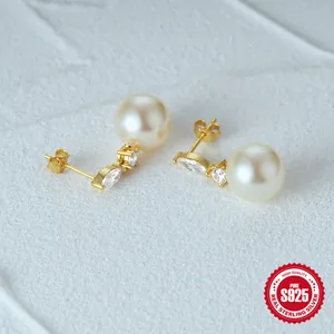Detailed close-up of S925 sterling silver earrings with pearls and zircon stones