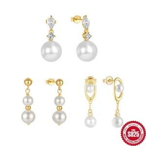 S925 Sterling Silver Artificial Pearl Stud Earrings 18K Gold Plated Zirconia Geometric Irregular Drop Earrings For Women Elegant Retro Jewelry