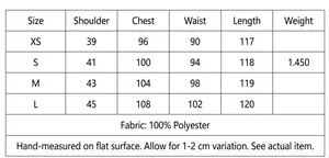 Size chart showing XS to L measurements for a long fashion wool coat with 100% polyester fabric