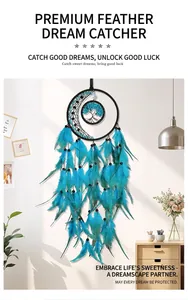 Detail of blue feathers and tree of life weaving on black moon dreamcatcher