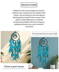 Detail of tree of life dreamcatcher with crescent moon and blue feathers