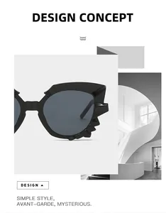 Détail de lunettes de soleil œil-de-chat avec bords dentelés et verres gris foncé
