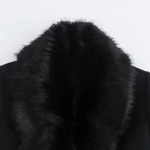 Women's minimalist black wool coat featuring a luxurious faux fur collar detail