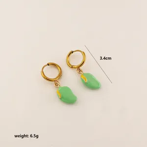Detail of gold mango drop earrings with pale green enamel finish and 3.4cm length